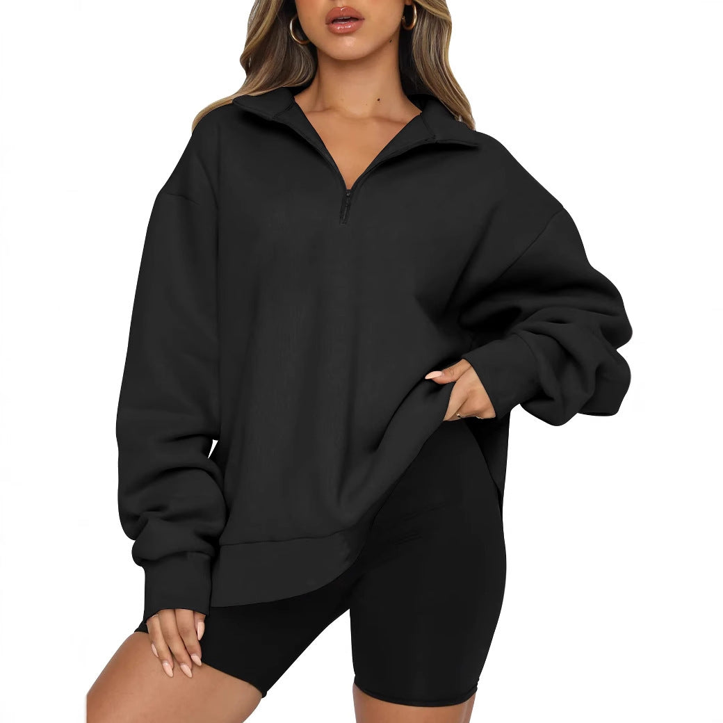 Damen Sportlicher Oversized Pullover mit Reißverschluss und seitlichem Schlitz WW