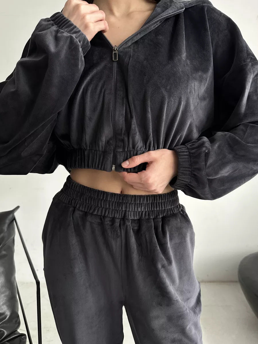 Damen sportliches Fleece Ensemble mit modernem Reißverschluss und elastischem Bund WW