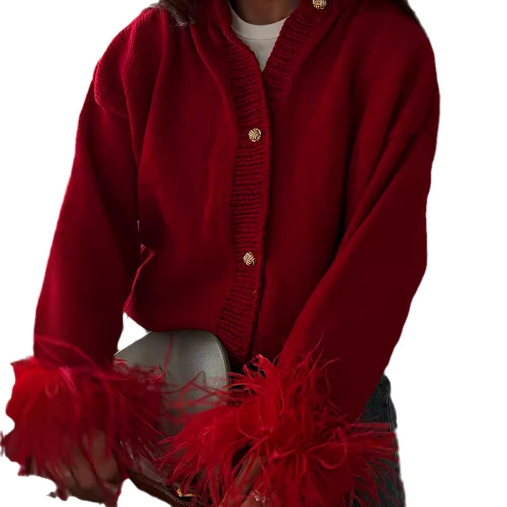 Damen modische Strickjacke mit Federn an den Ärmeln WW