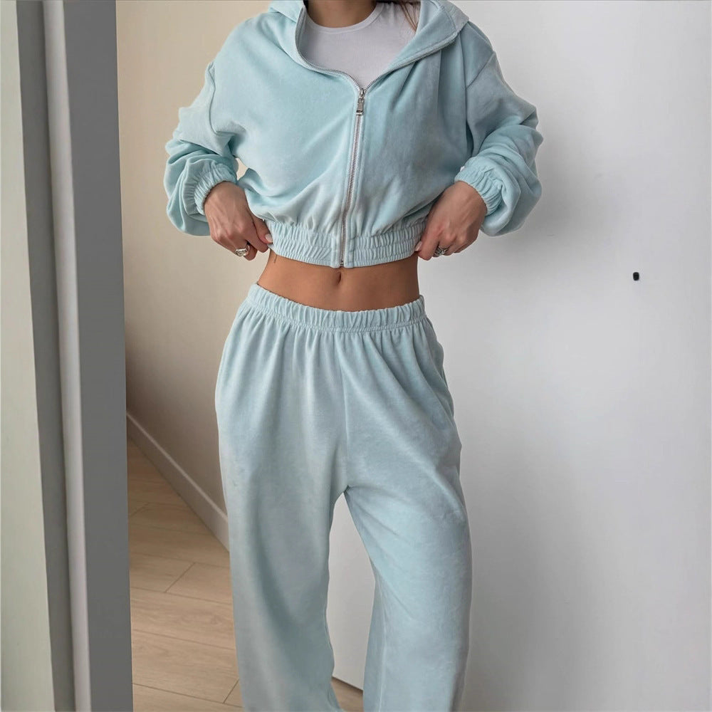 Damen sportliches Cropped-Set mit Kapuzenjacke und elastischer Jogginghose WW