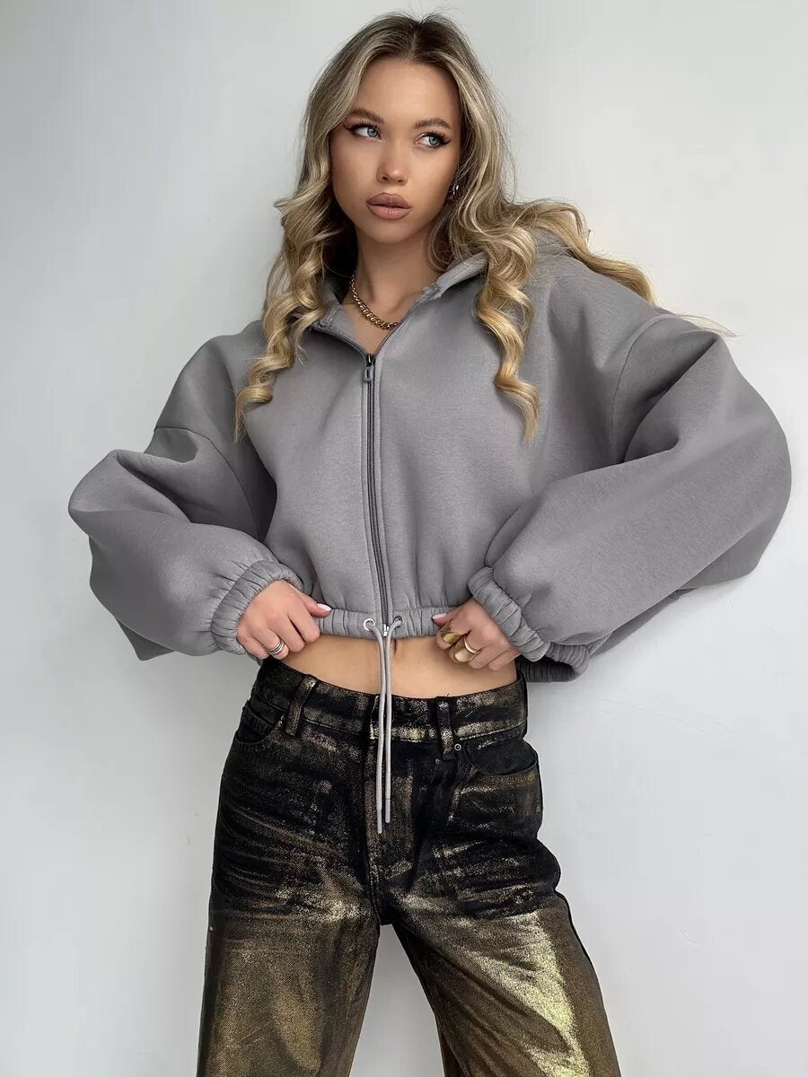 Damen Sportlicher Cropped Hoodie mit Reißverschluss und Kordelzug WW