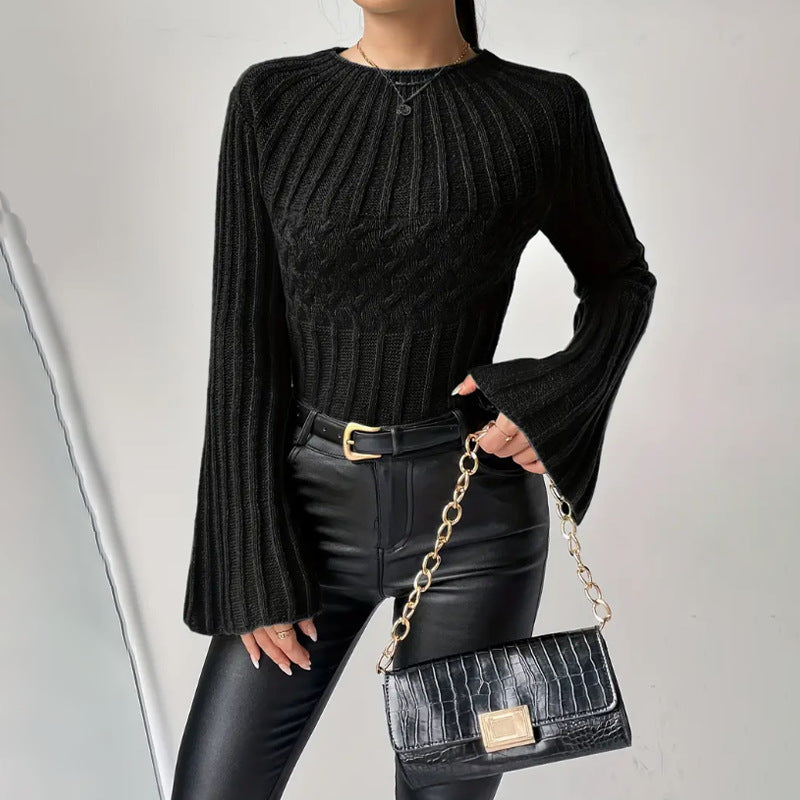 Damen Strickpullover mit weitem Ärmel und Zopfmuster WW