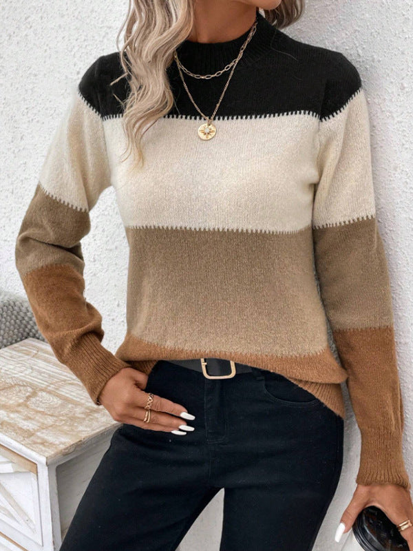 Damen modischer Strickpullover mit trendigem Blockstreifen und steigendem Kragen WW