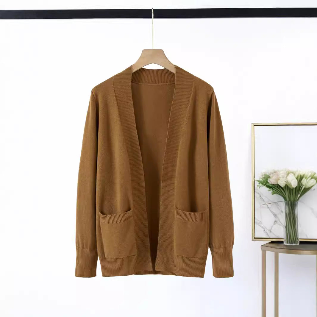Damen gemütlicher Strickcardigan mit praktischen Taschen und offenem Schnitt WW