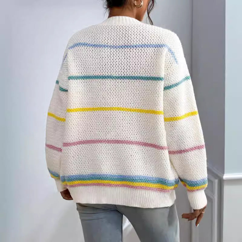 Damen gemütlicher Strickcardigan mit bunten Streifen WW