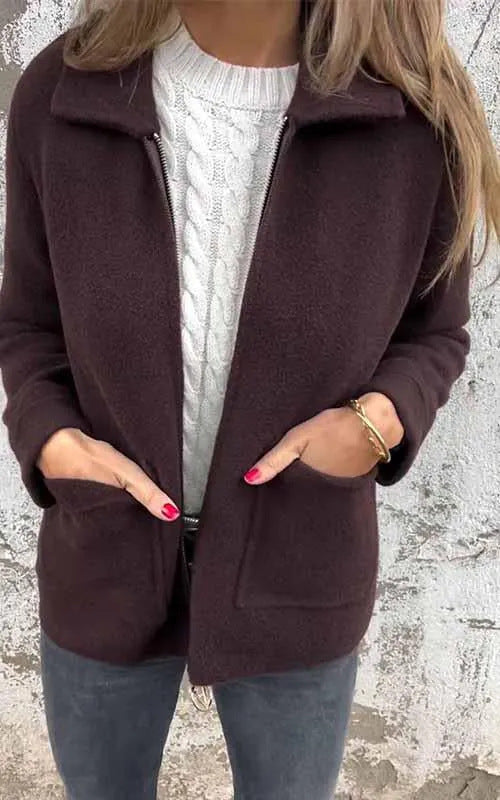 Damen modische Fleecejacke mit praktischen Taschen und elegantem Kragen WW