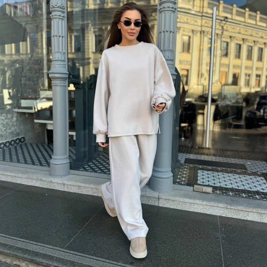 Damen lässiges Fleece-Loungewear-Set mit weichem Oversized-Pullover und bequemen Hosen WW