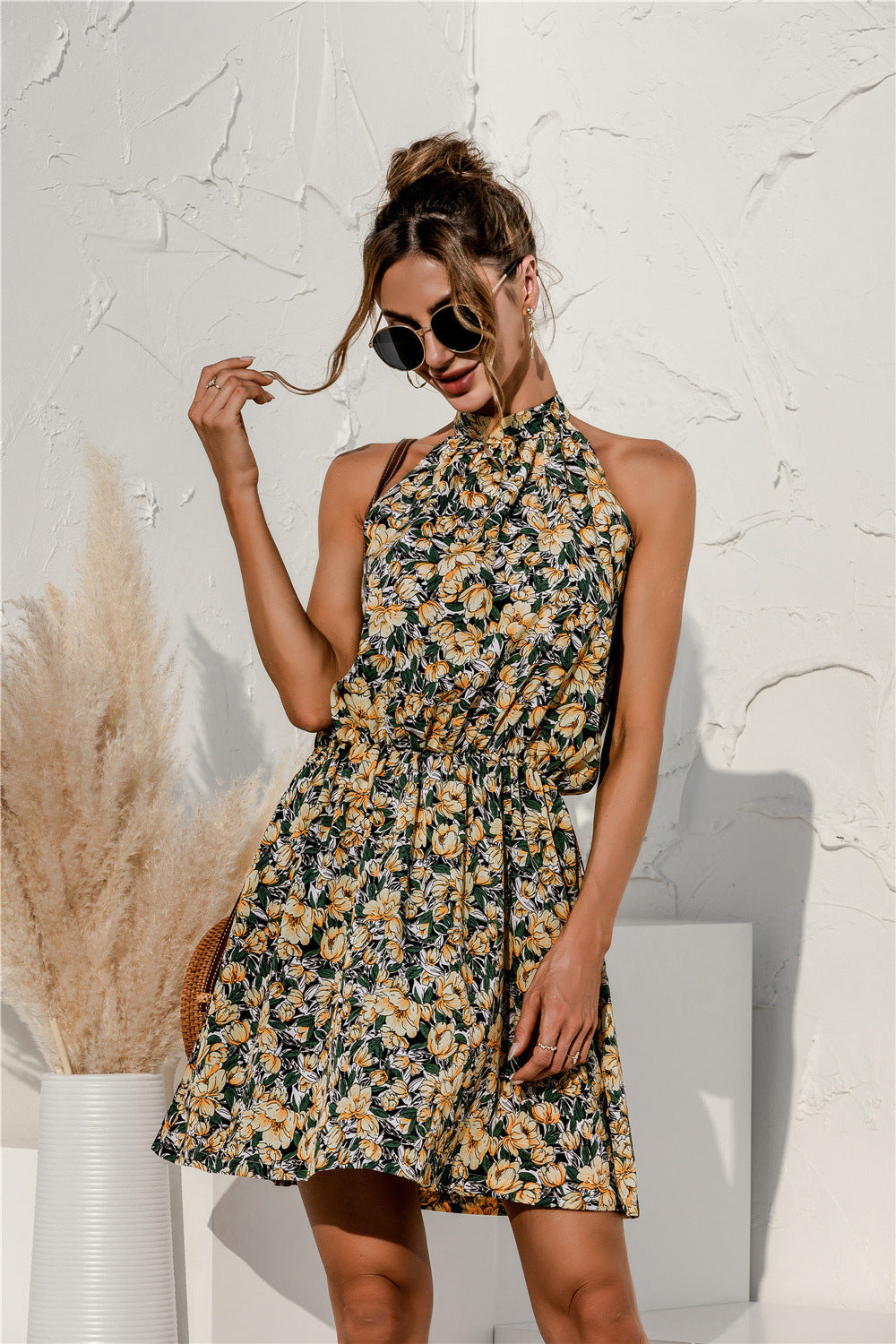 Damen verspieltes Sommerkleid mit hohem Hals und elastischem Bund WW