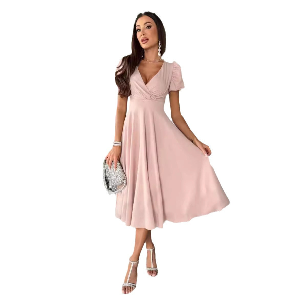 Damen A-Linie Kleid mit Puffärmeln und schmalem V-Ausschnitt WW