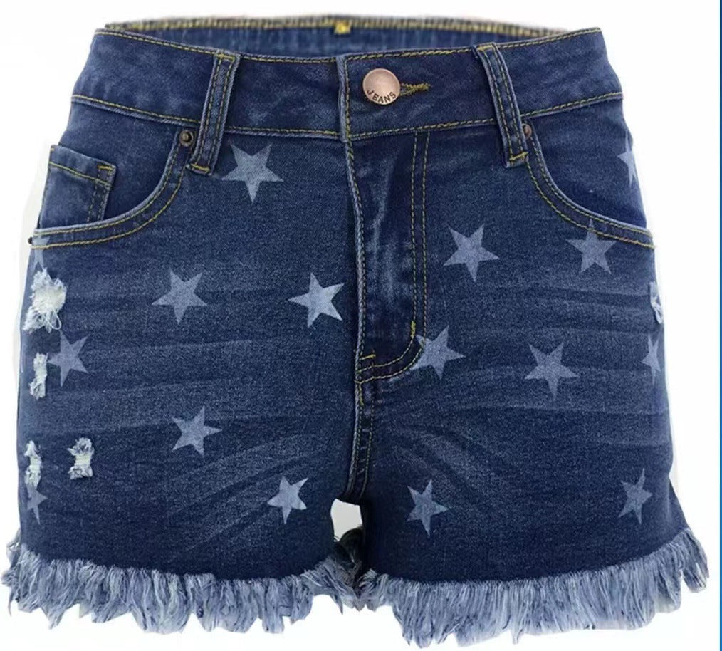 Damen Jeans-Shorts mit verspieltem Sternen-Design und Fransenabschluss WW