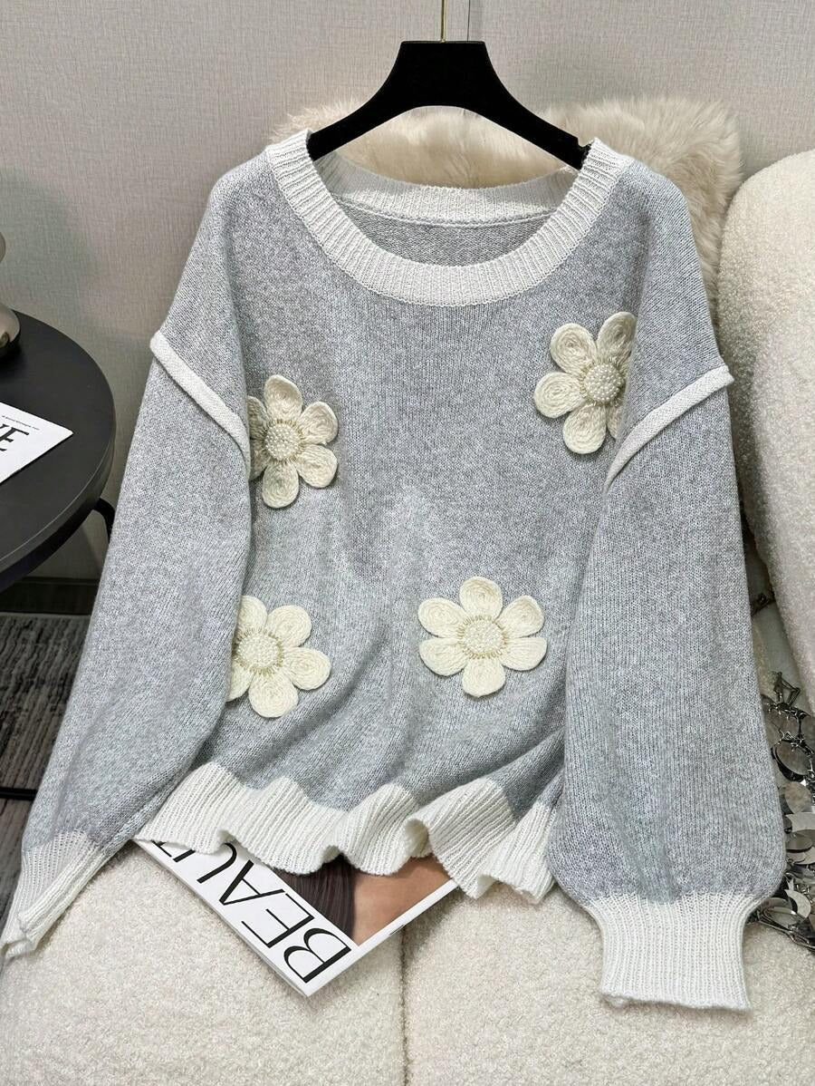 Damen Strickpullover mit floralen Applikationen WW