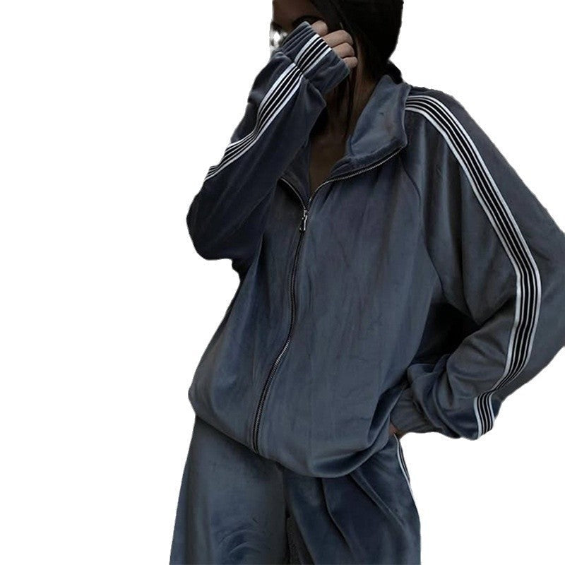 Damen sportliches Fleece-Loungewear-Set mit hohem Kragen und elastischem Bund WW