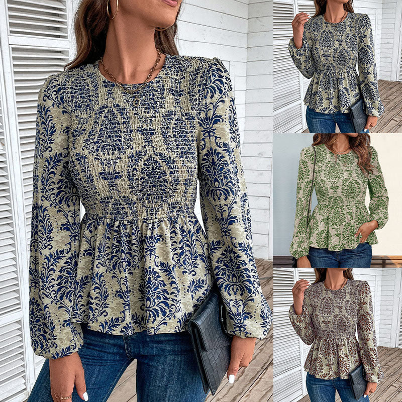 Damen Oberteil mit floralem Design und gerafftem Saum WW