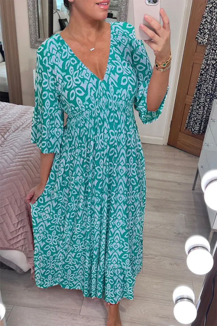 Damen Maxi-Kleid mit elegantem V-Ausschnitt und schwingendem Rock WW