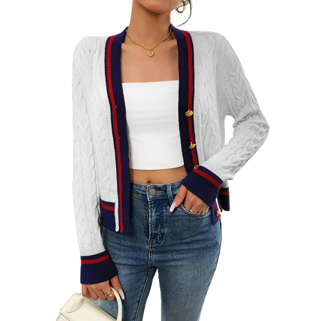 Damen modischer Kabelstrick-Cardigan mit zweifarbigem Abschluss WW