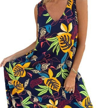 Damen Maxikleid mit fröhlichem Blattdruck und praktischen Taschen WW