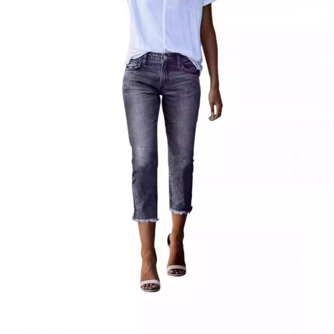 Damen 3/4 Jeans mit modischem Fransenabschluss WW
