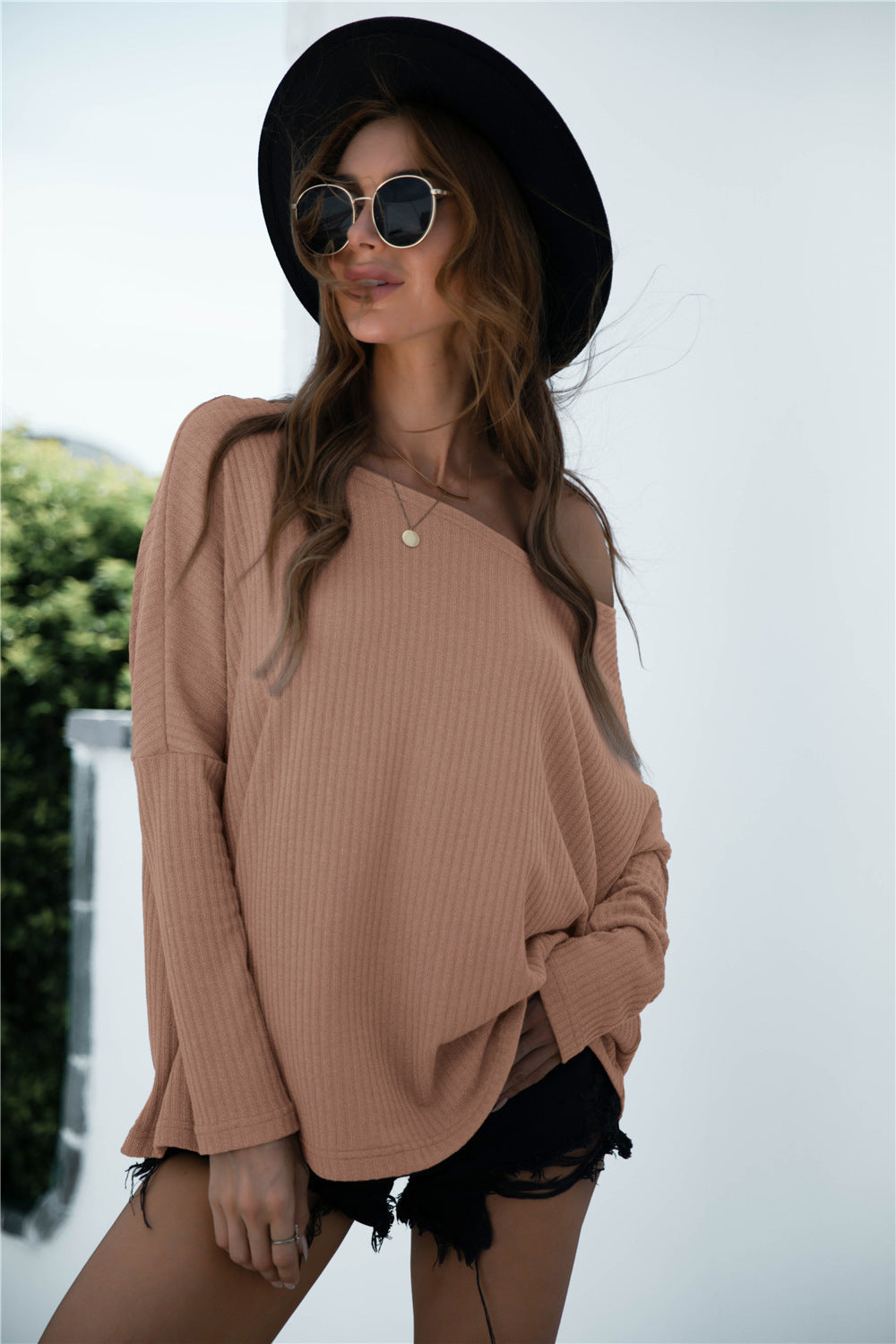 Damen Off-Shoulder Pullover mit langem Arm und strukturiertem Stoff WW