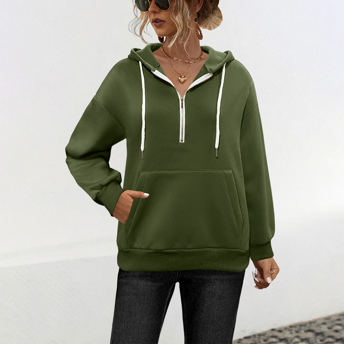 Damen Kapuzenpullover mit halbem Reißverschluss und Kängurutasche WW