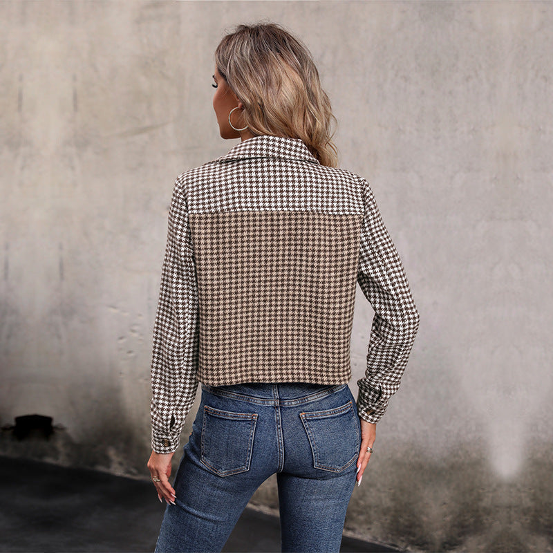 Damen lässige Karo-Jacke mit cropped Schnitt und praktischen Brusttaschen WW