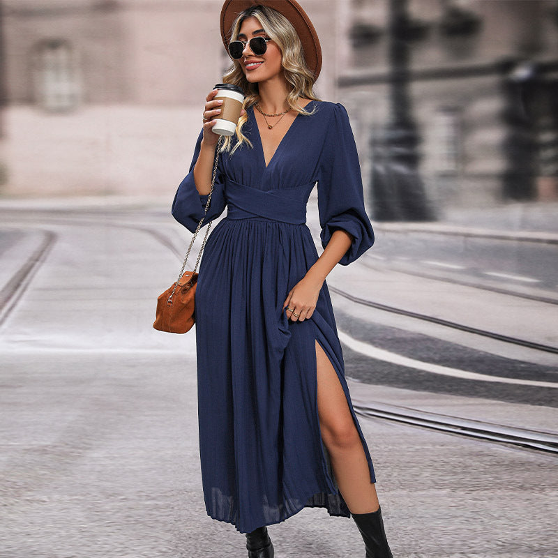 Damen Maxikleid mit V-Ausschnitt und langen Ärmeln WW