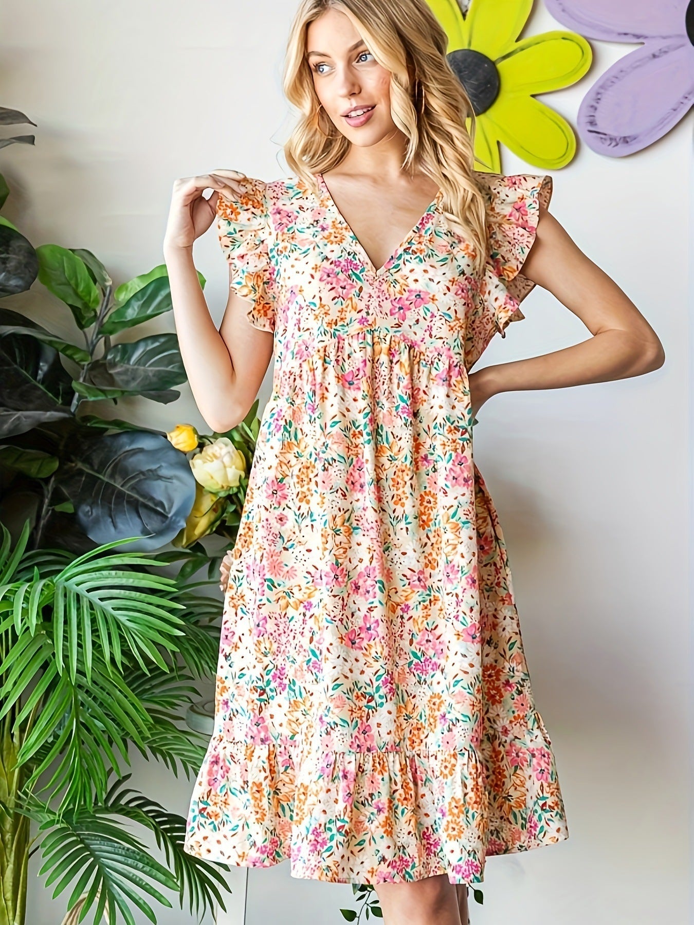 Damen Sommerkleid mit voluminösen Rüschendetails und floralem Muster WW
