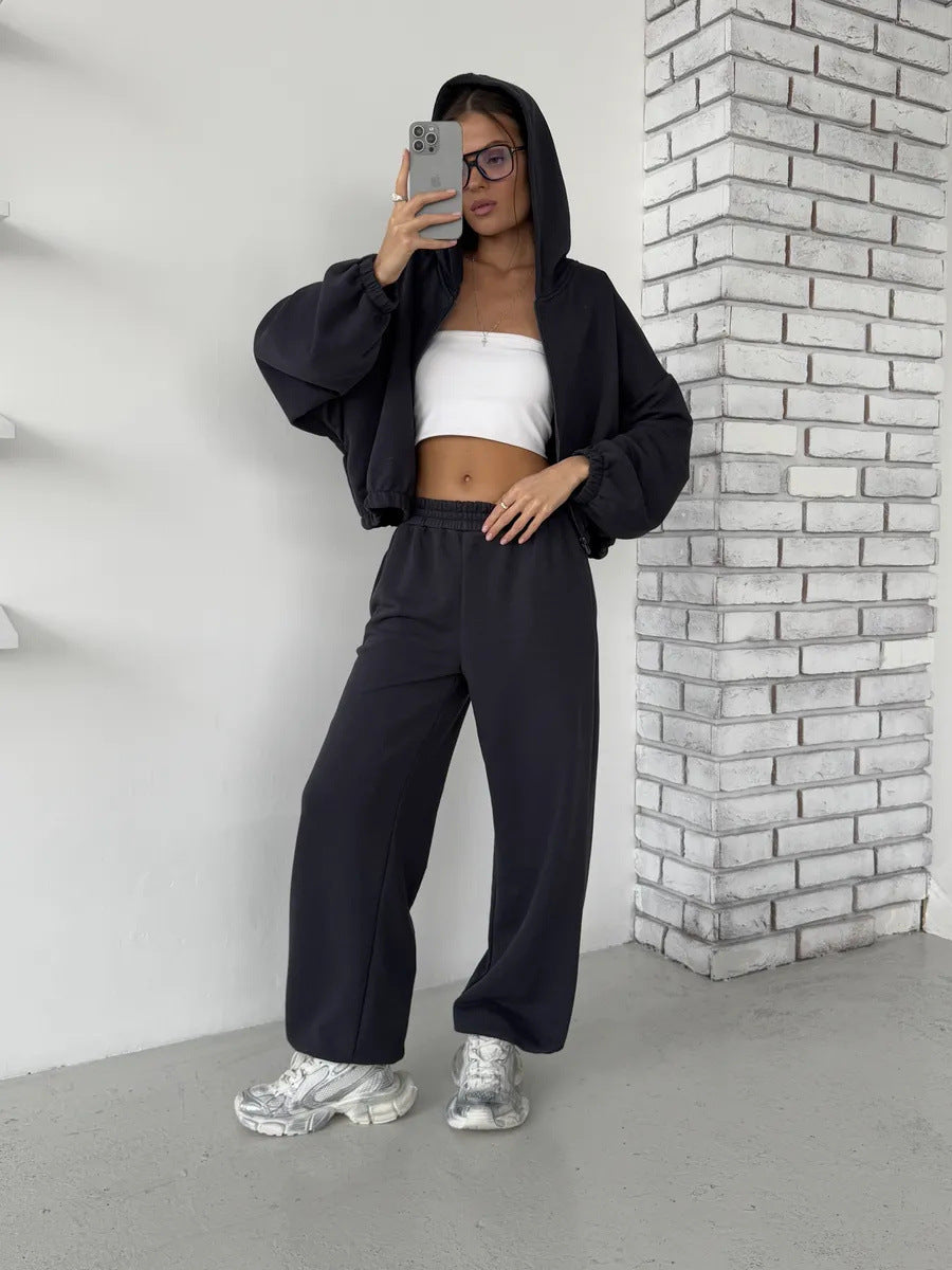 Damen lässiges Sweater-Set aus cropped Hoodie und bequemer Hose mit elastischem Bund WW