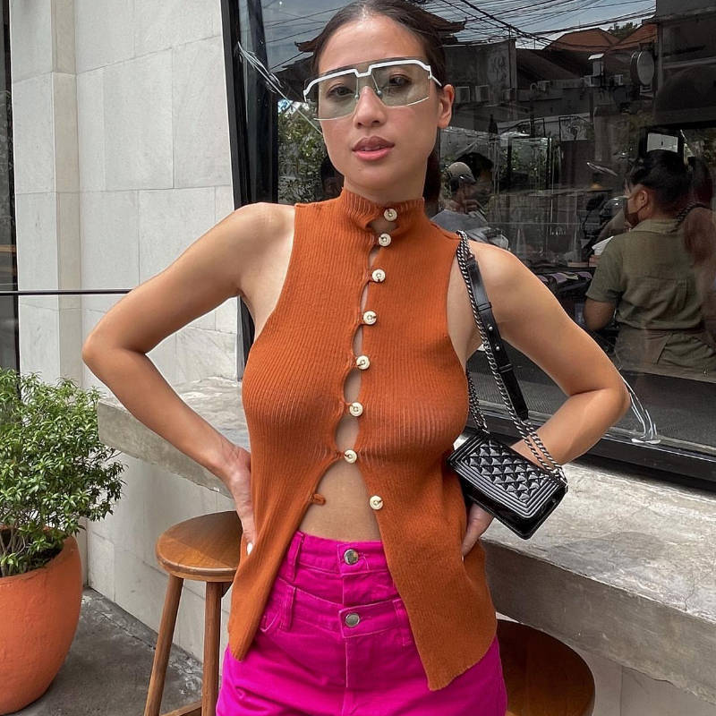 Damen Ärmelloses Stricktop mit einzigartiger Knopfleiste WW