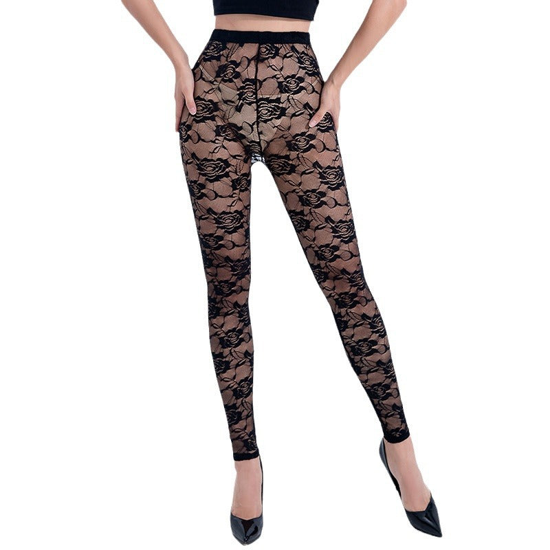 Damen Körperbetonte Leggings mit floralen Spitzenapplikationen WW