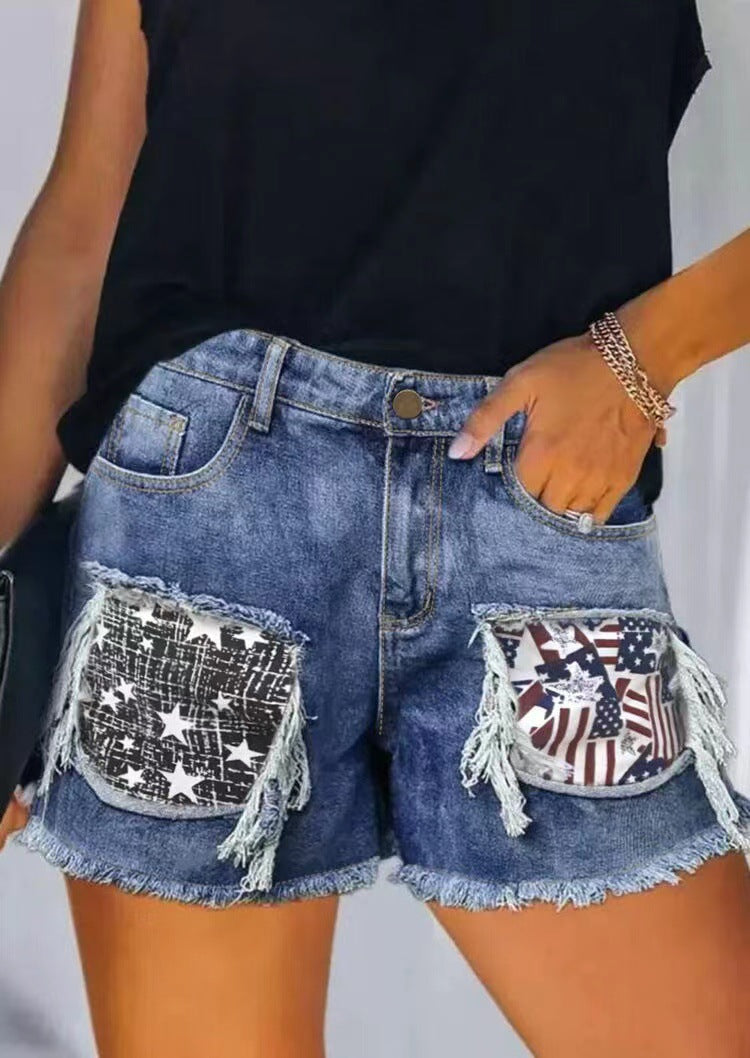 Damen Designer-Denim-Shorts mit einzigartigen Applikationen und Fransen WW