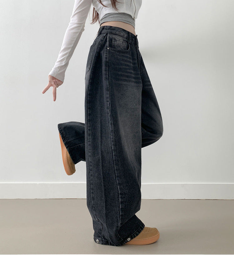 Damen Weite High-Waist Denim-Hose mit Faltenwurf WW