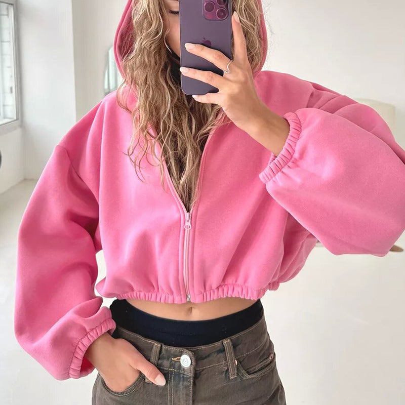 Damen cropped Kapuzenpullover mit oversized Ärmel WW