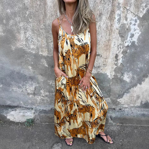 Damen Maxikleid mit einzigartigem Tiermuster und verstellbaren Trägern WW