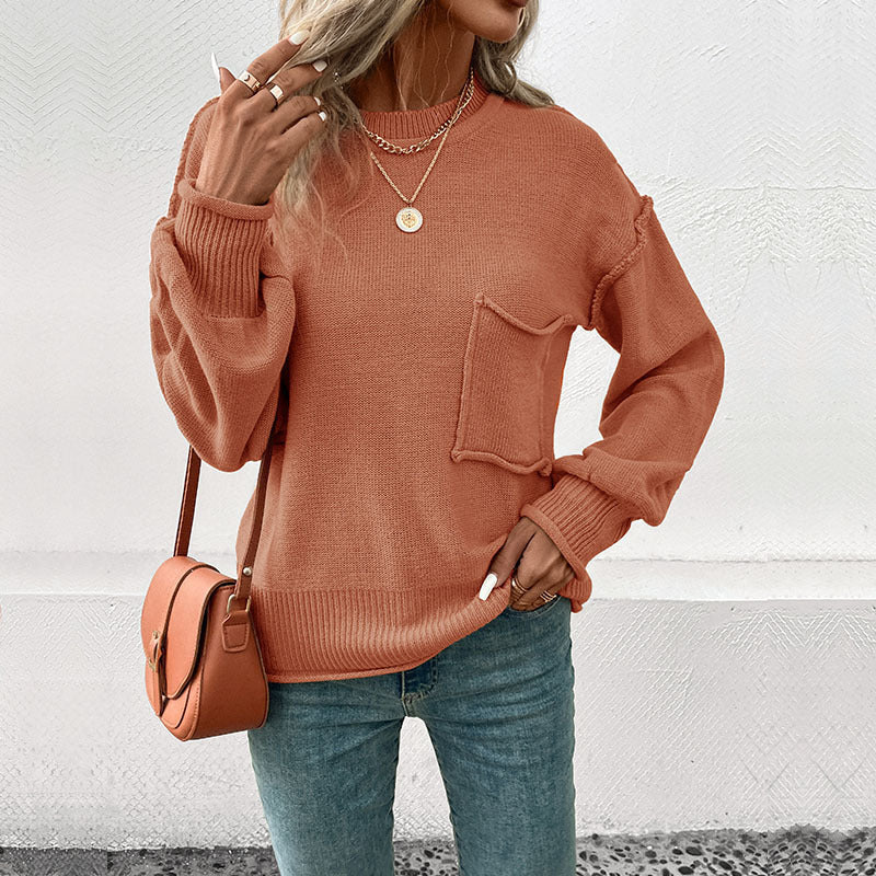 Damen lässiger Pullover mit voluminösen Ärmeln und praktischer Taschendetail WW