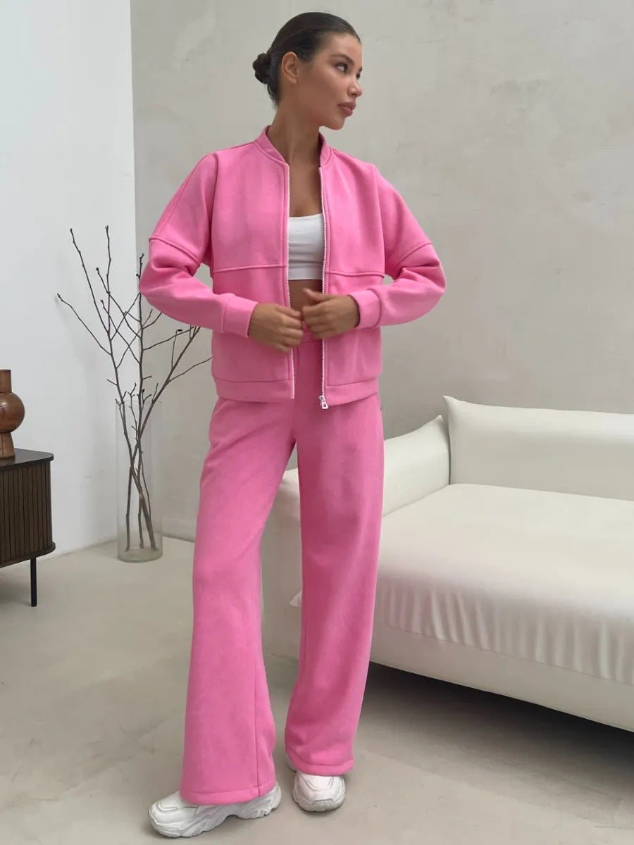 Damen lässiges Fleece-Set mit Oversized Jacke und weit geschnittenen Hosen WW