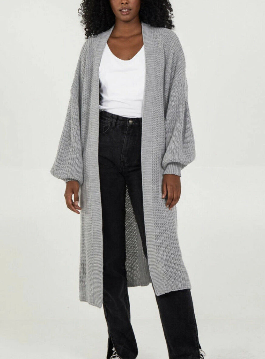 Damen Langer Strickcardigan mit voluminösen Ärmeln und offenem Schnitt WW