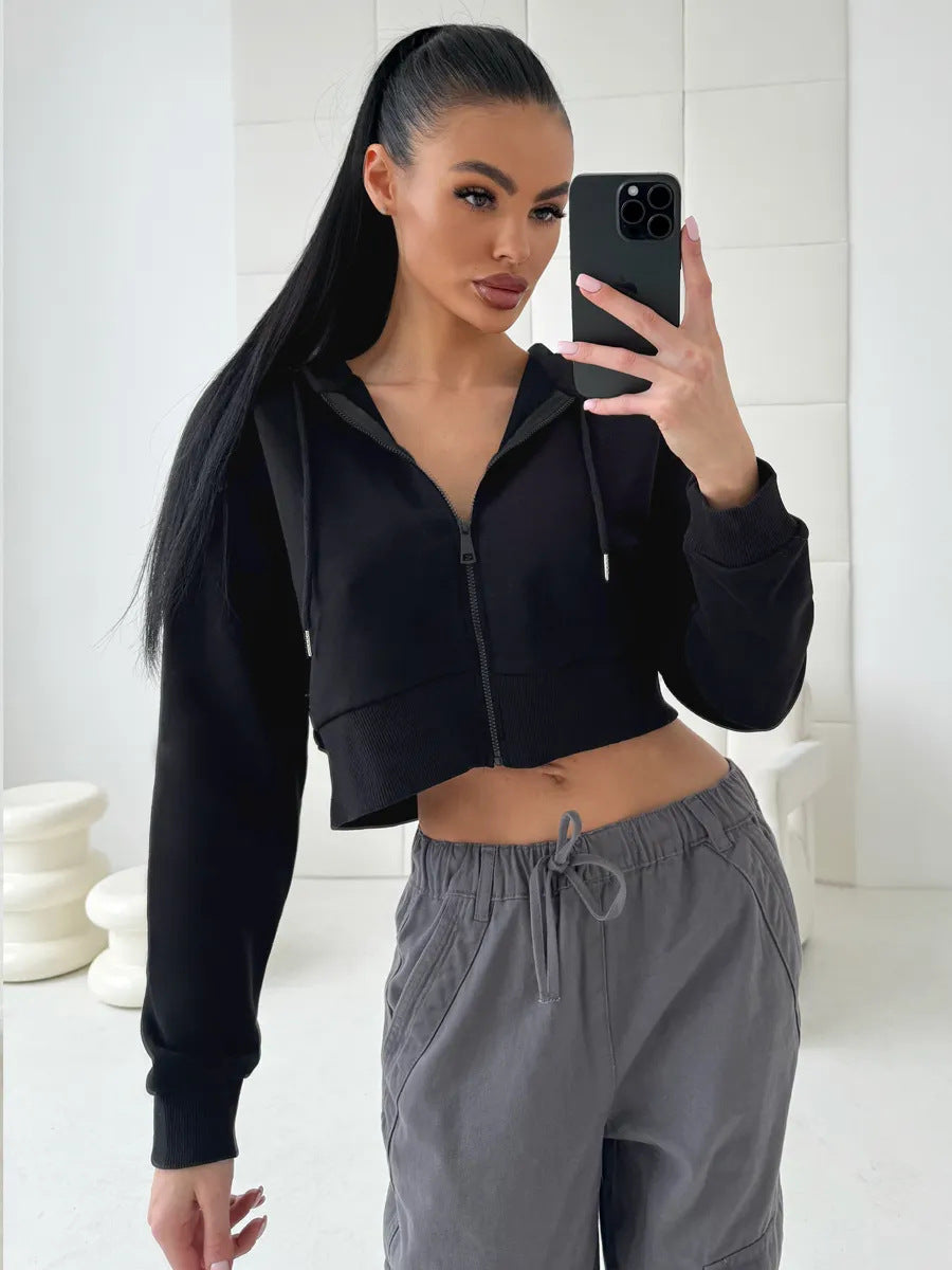 Damen lässiger Kurzarm Zip-Hoodie WW