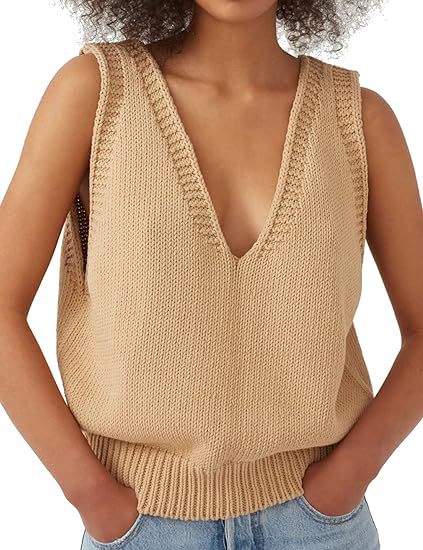 Damen lässiger Strickpullover ohne Ärmel mit tiefem V-Ausschnitt WW
