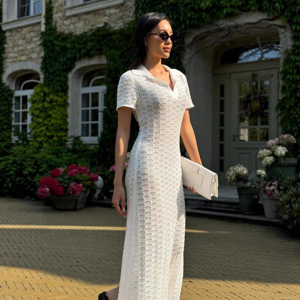 Damen Strickkleid mit raffiniertem Lochmuster und Polo-Kragen WW