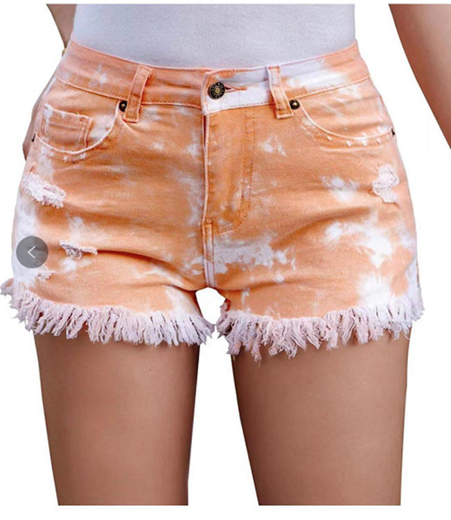 Damen lässige Denim-Shorts mit einzigartigem Batikmuster und fransigem Saum WW
