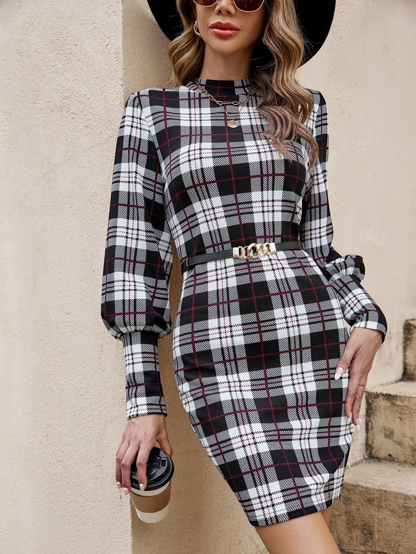 Damen figurbetontes Tartan-Kleid mit langen Ärmeln und Taillengürtel WW