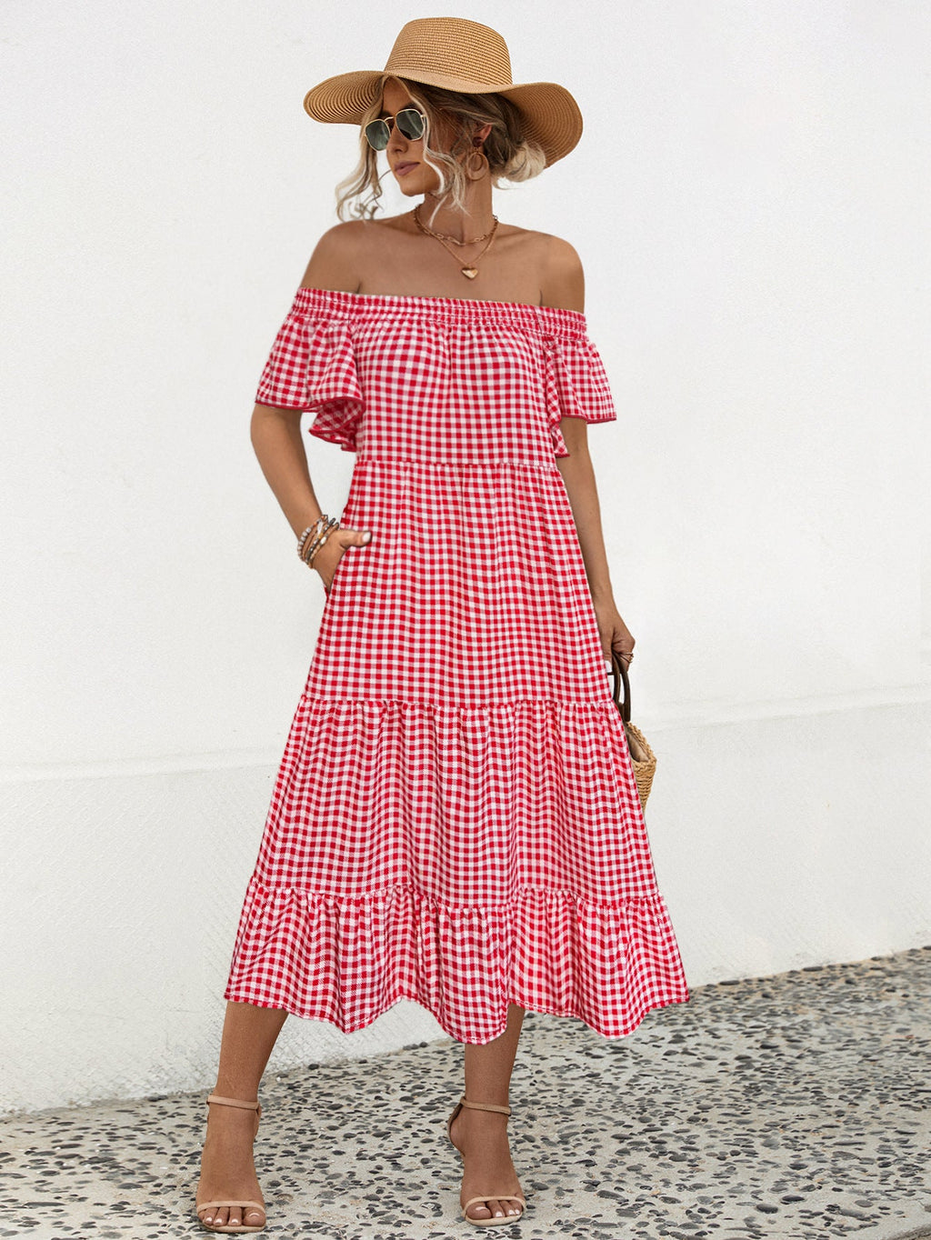 Damen Maxikleid mit schulterfreiem Design und voluminösen Rüschensäumen WW