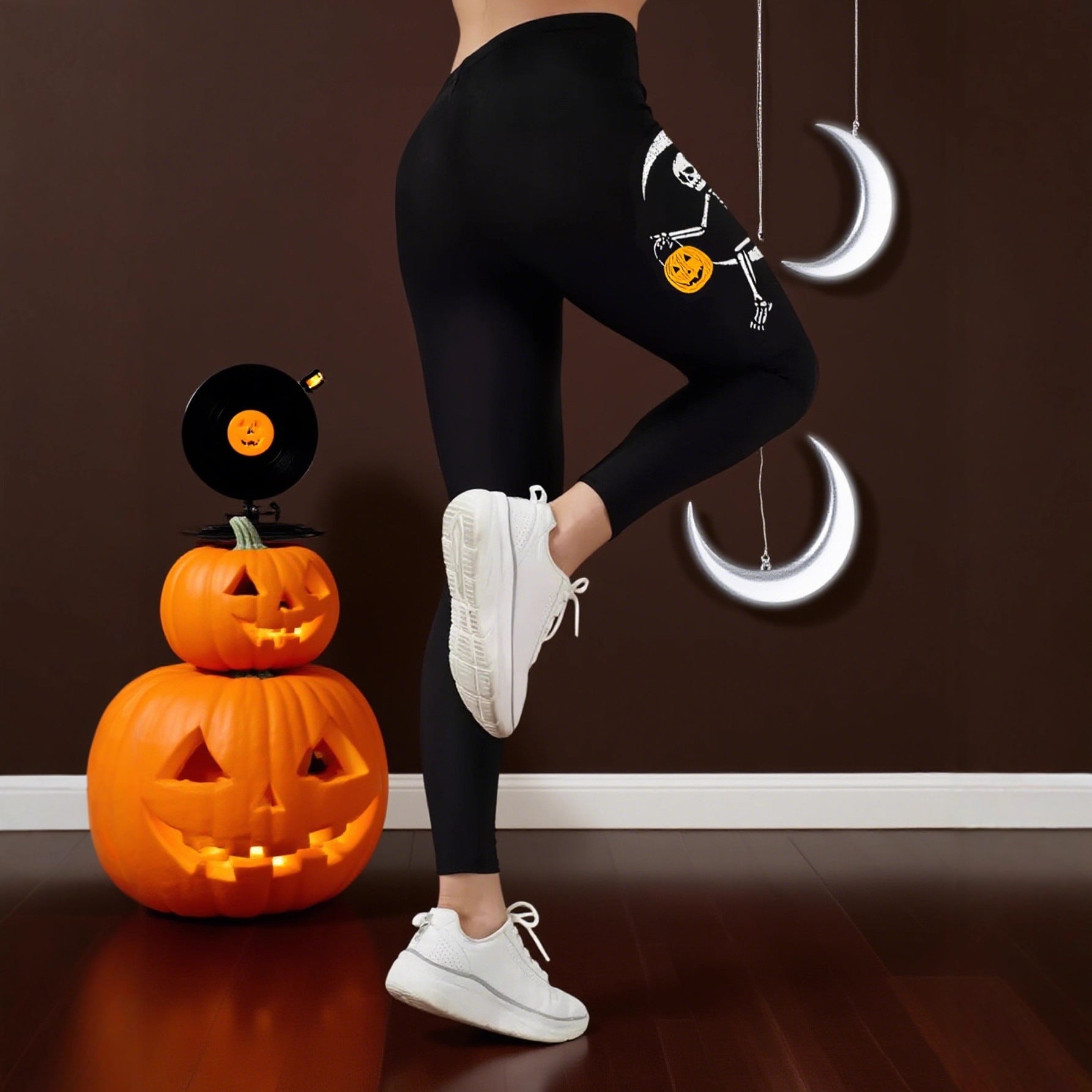 Damen Leggings mit stylischem Totenkopf-Motiv und hohem Bund WW