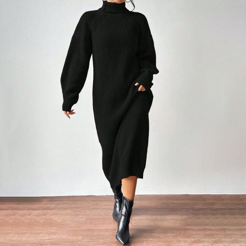 Damen Strickkleid mit hohem Kragen und weiten Ärmeln WW