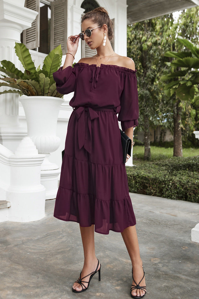 Damen Off-Shoulder Maxikleid mit eleganter Taillierung und voluminösen Rüschendetails WW