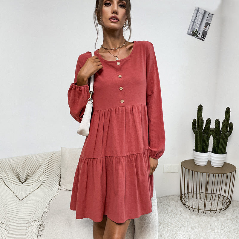 Damen Freizeitkleid mit Knopfdetails und voluminösem Rock WW