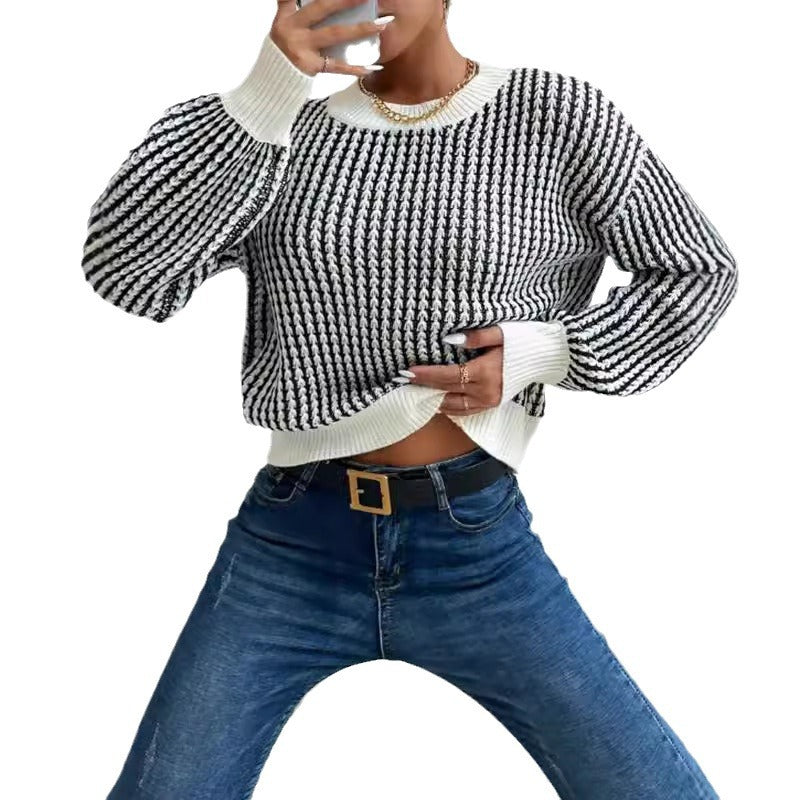 Damen lässiger Strickpullover mit voluminösen Ärmeln und strukturiertem Muster WW