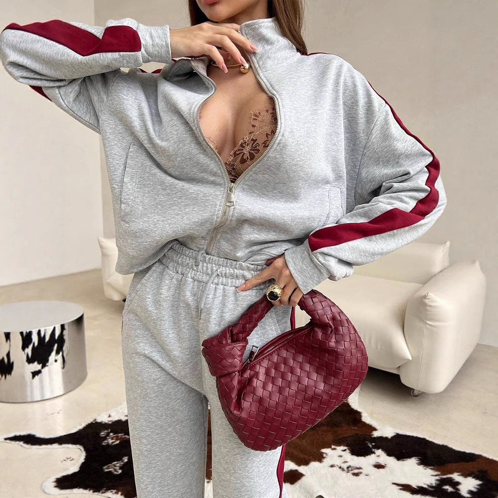Damen sportliches Fleece-Set mit Stehkragen und seitlichen Kontraststreifen WW