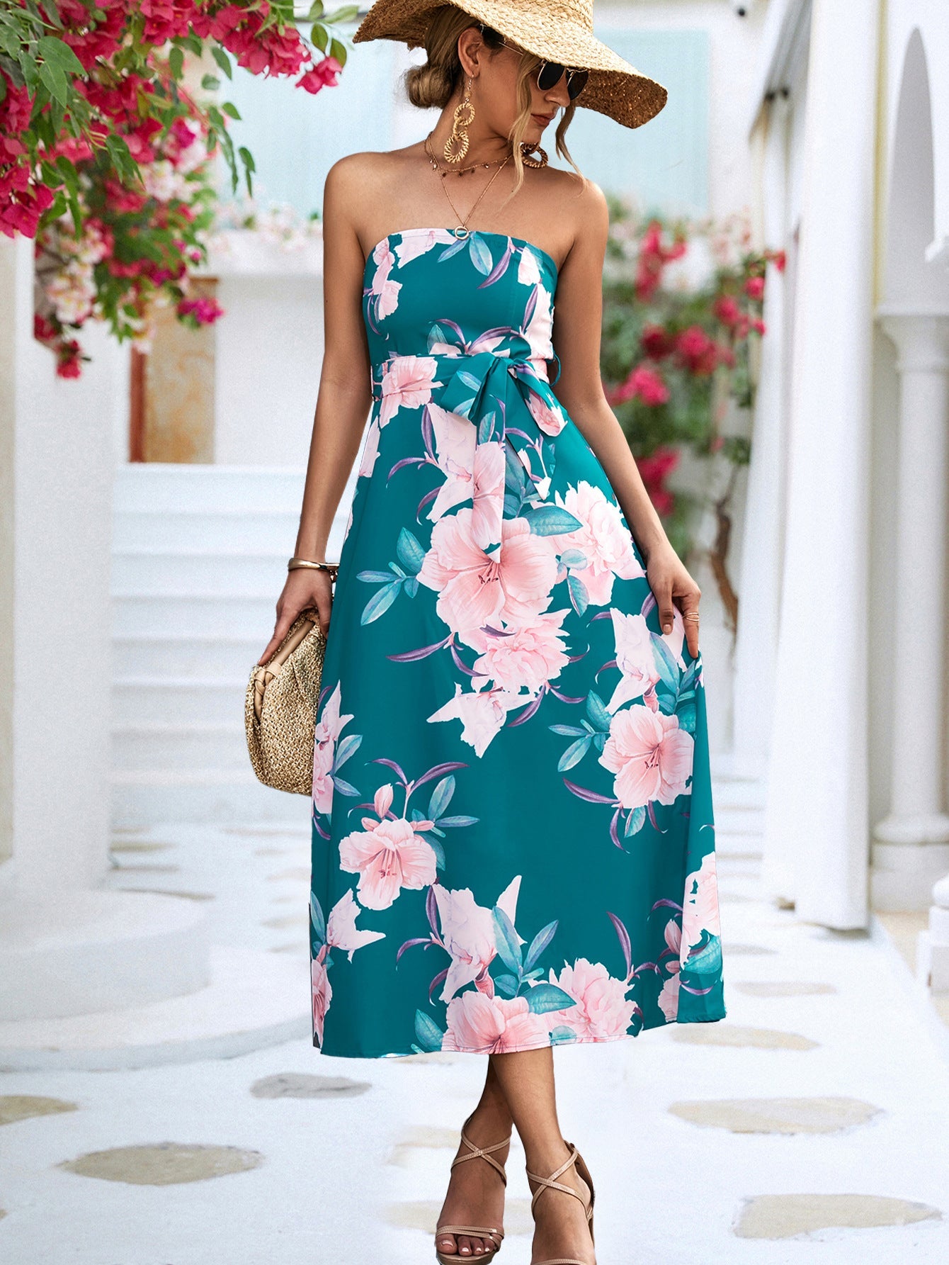 Damen Maxikleid mit schulterfreiem Design und floralem Bindegürtel WW