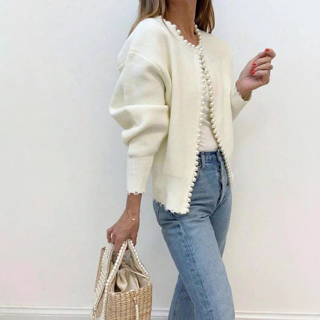 Damen Elegante Strickjacke mit Perlenverzierung WW